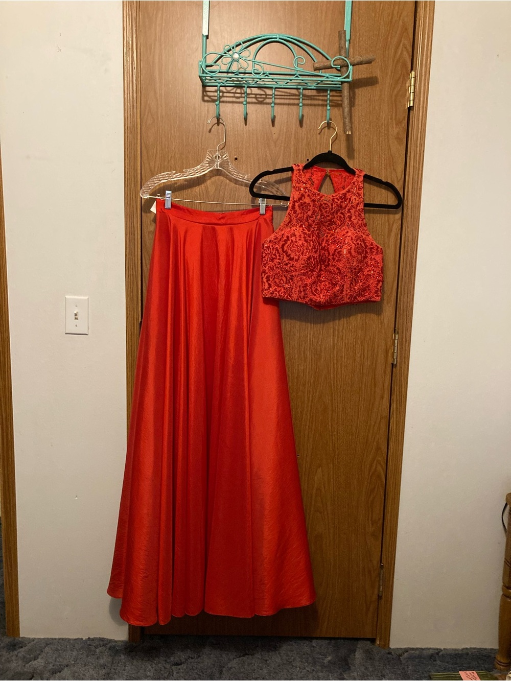 Sherri Hill Red Embellished Crop Top and Maxi Skirt Set